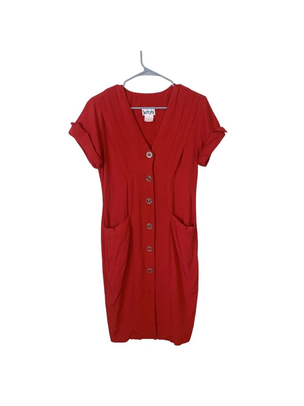 Nina Piccalino Red Button Down Dress Short Sleeve Midi Pockets Womens Large